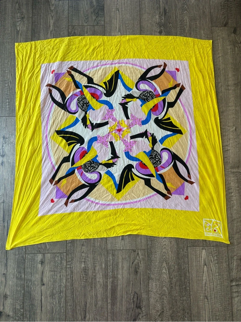 Vntg Claire Papillion Yellow Geometric horse silk Scarf 33 x 33